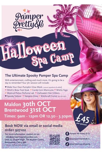 Poster promoting Halloween Spa Camps at Pamper Me Pretty & Co in October 2025.