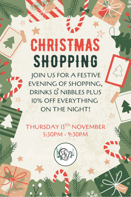 Image promoting Christmas Shopping event at Sincerely Yours on Thursday 13 November 2025.