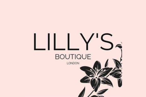 Logo for LILLY'S BOUTIQUE LONDON in black text on a peach background and black flowers in the bottom right corner