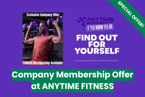 Image promoting an exclusive special offer for companies at Anytime Fitness.  Image shows a man lifting weights in each hand and the words 'FIND OUT FOR YOURSELF'.
