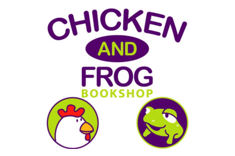 Logo for Chicken and Frog Bookshop with a chicken and a frog cartoon images.