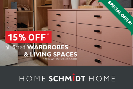 Image showing a set of drawers promoting 15% off fitted wardrobes and living spaces at Schmidt Kitchens and Interior Solutions.