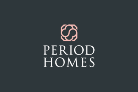Logo for Period Homes, white text and pink icon on a dark grey background.