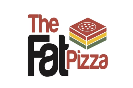 Logo for The Fat Pizza, with the word 'Fat' in large black text and a pizza box.