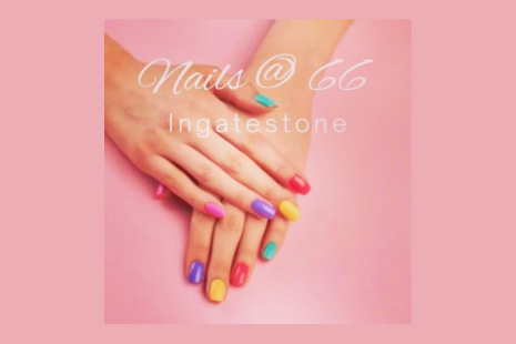 Colourful painted nails on crossed hands against a pink background, branding for Nails at 66 in Ingatestone.