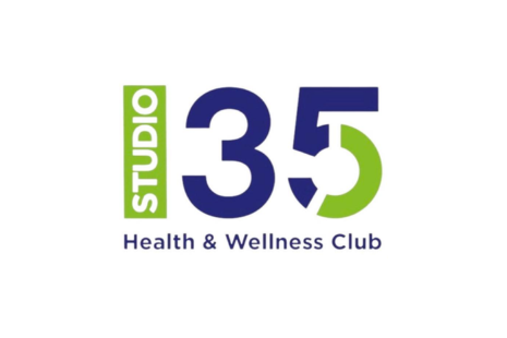 Logo got Studio 35 Health & Wellness Club with dark blue and bright green text.