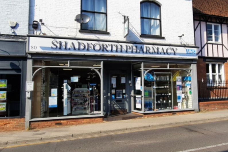 Image showing the front of the SHADFORTH PHARMACY in Ingatestone High Street.  The pharmacy is the ground floor of an older style white building with black windows.