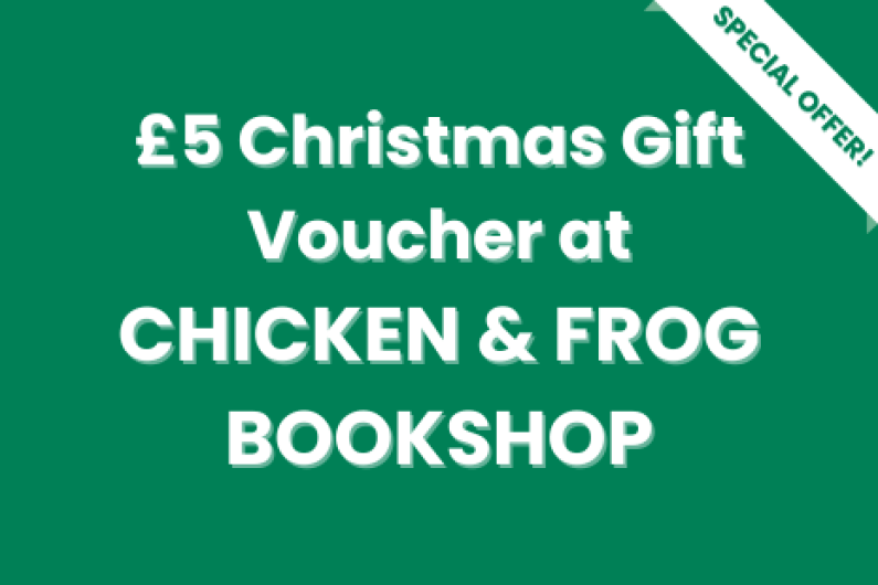 White text on green background with a white 'SPECIAL OFFER!' banner with green text on the right corner of the image.  Text in the centre reads '£5 Christmas Gift Voucher at CHICKEN & FROG BOOKSHOP'.
