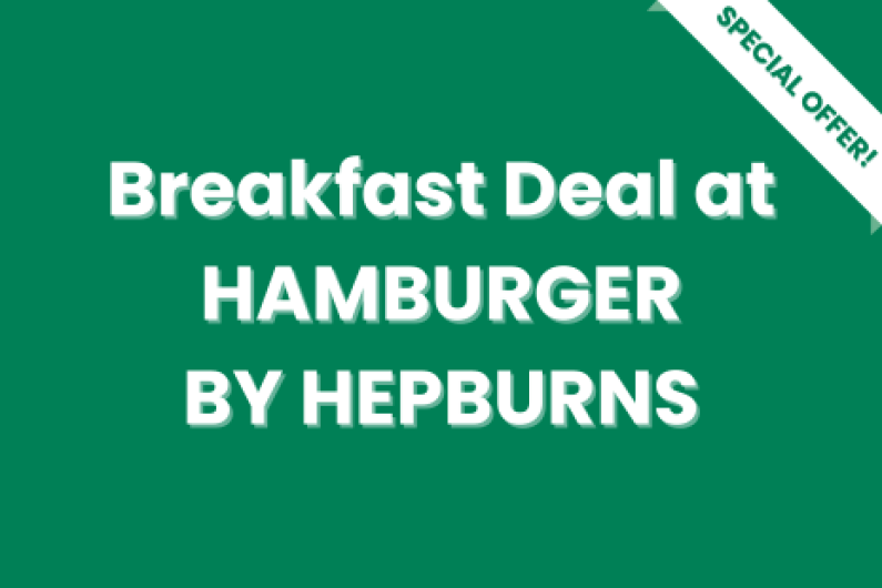 White text on green background with a white 'SPECIAL OFFER!' banner with green text on the right corner of the image.  Text in the centre reads 'Breakfast Deal at HAMBURGER BY HEPBURNS'.