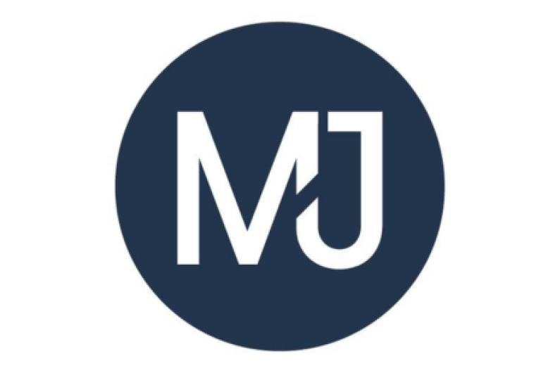 Logo for Moulton Johnson a white M and J on a dark blue circlular background.