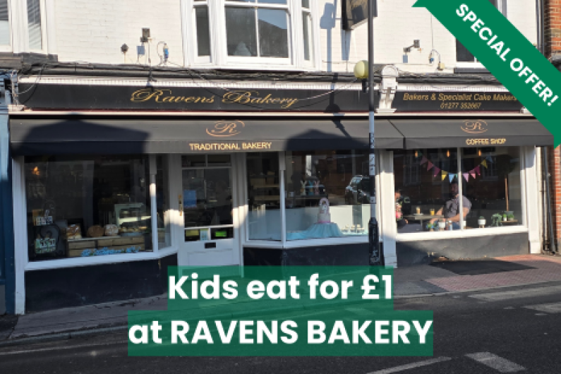 Image promoting the 'Kids eat for £1' deal at Ravens Bakery in Summer 2025, showing the exterior of the bakery.