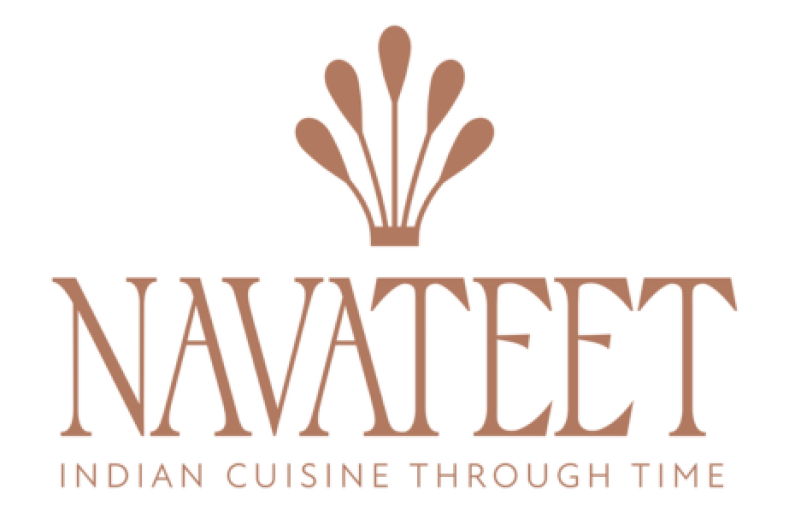 Logo for Navateet restaurant - gold on a white background with the words 'INDIAN CUISINE THROUGH TIME' underneath.