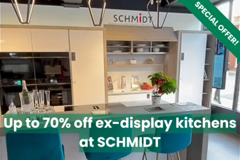 Image promoting up to 70% off ex-display kitchens at Schmidt Kitchens & Interior Solutions.