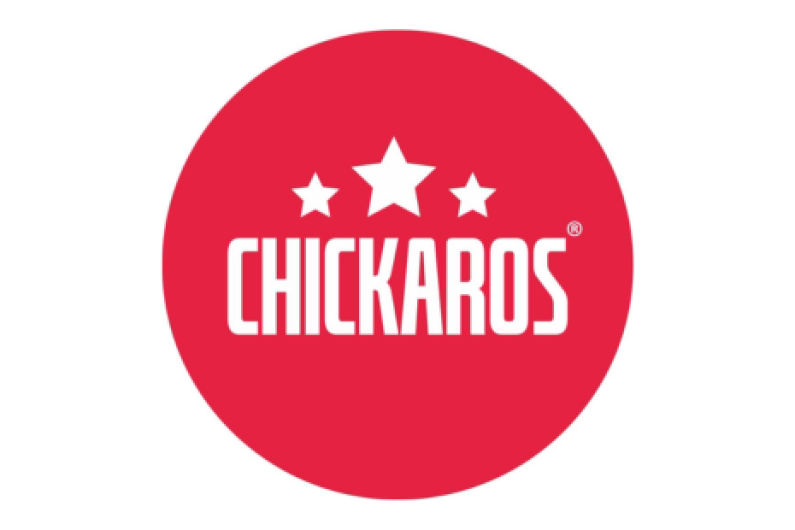 Logo for Chickaros with white text and three star shapes, on a circular red background.