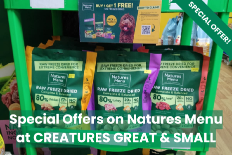 Image showing Natures Menu food on shelves in Creatures Great & Small to promote their special offer.