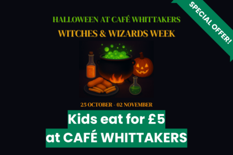 Image promoting the Kids Eat for £5 deal at Cafe Whittakers during Halloween, between 25 October and 2 November.