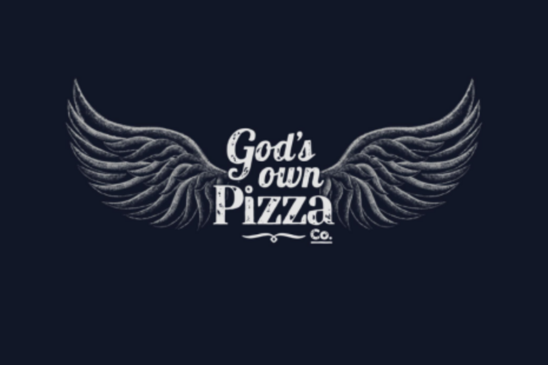 Logo for God's Own Pizza - white text on a dark blue background with two white angel wings either side.