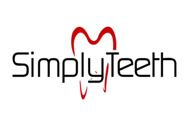 Logo for Simply Teeth - with black text in front of a red outline of a tooth.