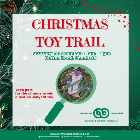 Brentwood Connected Christmas Toy Trail image with magnifying glass and Jellycat penguin inside. The Trail takes place on Saturday 14 December from 9am to 5pm in Hutton Road, Shenfield.