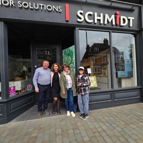 Image showing Julia and Liviu from Schmidt Kitchens with their 2024 Brentwood Art Trail artists Carole Windham and Nicola Osborne.