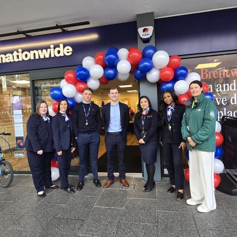 Image showing staff at the Brentwood branch of Nationwide with Sarah Walmsley, Brentwood Connected BID Manager.