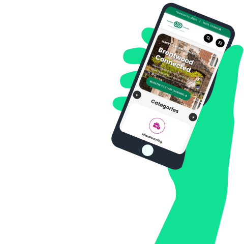 Image showing a green hand holding a phone with the Brentwood Connected learning platform on display.