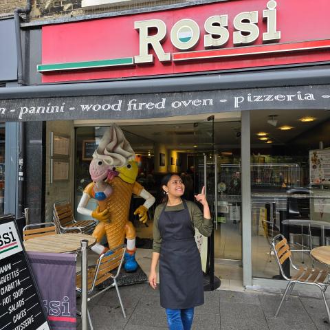 Image showing a member of staff at Rossi, outside with Signor Goloso, the giant ice cream