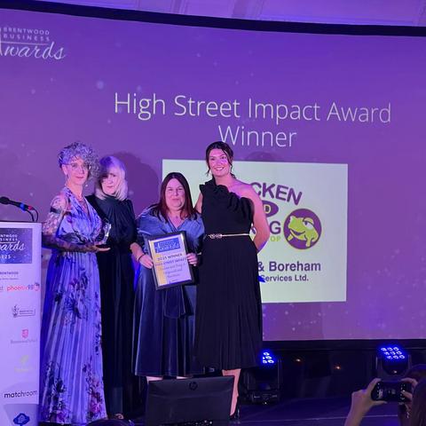 Image showing Sarah Walmsley and Kaye Thurgood from Brentwood Connected with Natasha Radford and Bekki Talbott, winners of the High Street Impact Award.