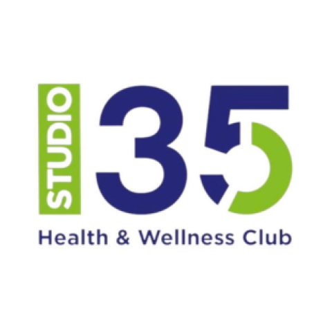 Logo got Studio 35 Health & Wellness Club with dark blue and bright green text.