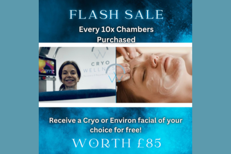 Image of a woman in a cryotherapy chamber, and a woman having a facial. FLASH SALE Every 10 x Chambers Purchased Receive a Cryo or Environ facial of your choice for free! WORTH £85