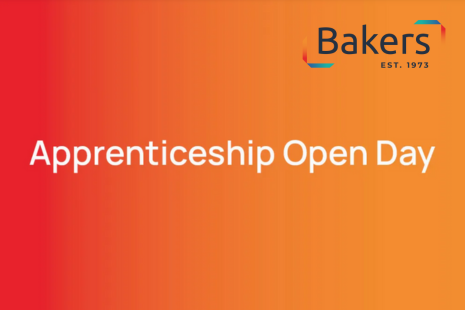 Apprenticeship Open Day - white text on orange background. Includes Baker Labels logo