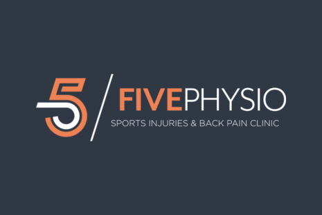 Logo for FIVEPHYSIO in white and orange text with a large number 5 in orange and white to the left. Wording underneath reads 'SPORTS INJURIES & BACK PAIN CLINIC'.