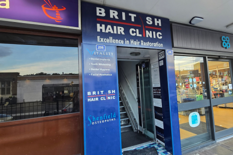 Image showing the exterior of 208 Hutton Road in Shenfield, with blue signage for the British Hair Clinic, Vitality Dental Spa and Shenfield Osteopaths. The Co-Op is to the right of the entrance to 208 Hutton Road.