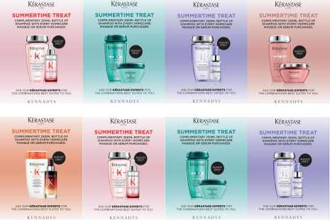 A collage of eight images of Kérastase products, with Kennadys branding. Wording on each reads "SUMMERTIME TREAT COMPLIMENTARY 250ml BOTTLE OF SHAMPOO WITH EVERY HOMECARE MASQUE OR SERUM PURCHASED." AUGUST ONLY. Ask our Kérastase experts for the combinations best suited to you.