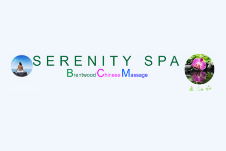 The image is a logo for a business named "Serenity Spa." The text is centered and displayed in a clean, modern font. The word "Serenity" is in large green letters, followed by "SPA" in slightly smaller green letters. Below the main name, there is smaller text that reads "Brentwood Chinese Massage." The words "Brentwood" and "Massage" are in blue, while "Chinese" is in pink, emphasizing the specialty. On the left side of the logo, there is a circular image of a person sitting cross-legged.
