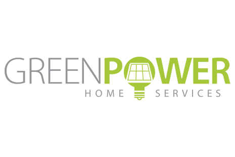 Logo for GREEN POWER HOME SERVICES in green text on a white background. The 'O' in POWER is the shape of a lightbulb with a window inside.