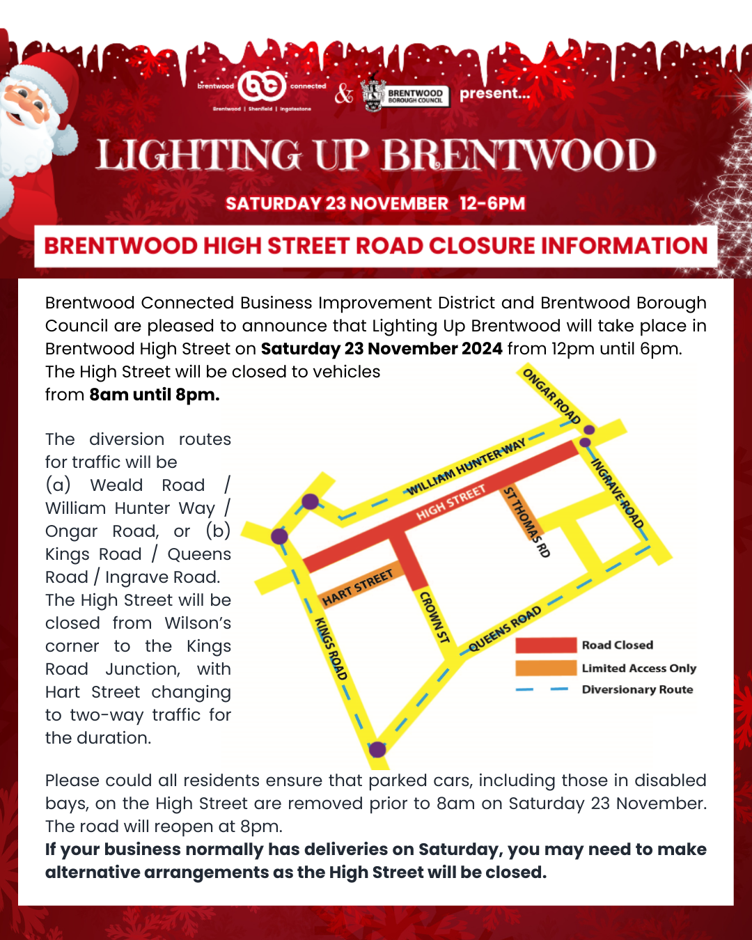 Road closure information for Lighting Up Brentwood on Saturday 23 November in Brentwood High Street.