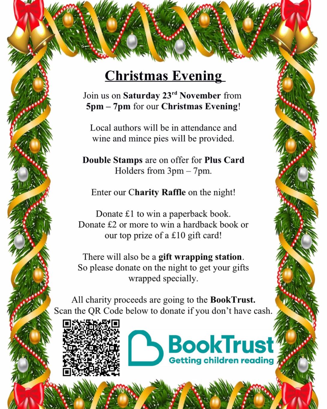 Festive text with holly border promoting a Christmas evening from Waterstones Brentwood in aid of BookTrust. The event takes place on Saturday 23 November from 5-7pm.