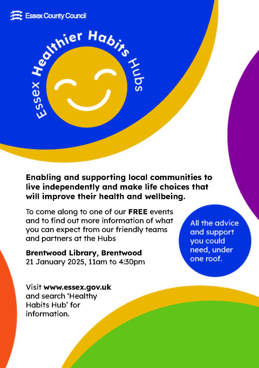 Image promoting Essex Healthier Habits Hubs, taking place at Brentwood Library on 21 January from 11am to 4.30pm, enabling and supporting communities to live independently and make life choices that will improve their health and wellbeing.