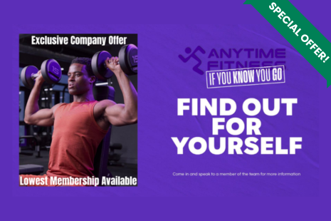 Image promoting an exclusive special offer for companies at Anytime Fitness. Image shows a man lifting weights in each hand and the words 'FIND OUT FOR YOURSELF'.