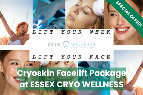 Image promoting a special offer from Essex Cryo Wellness.  Eight images of female faces with text overlayed, reading 'LIFT YOUR WEEK LIFT YOUR FACE' from Essex Cryo Wellness