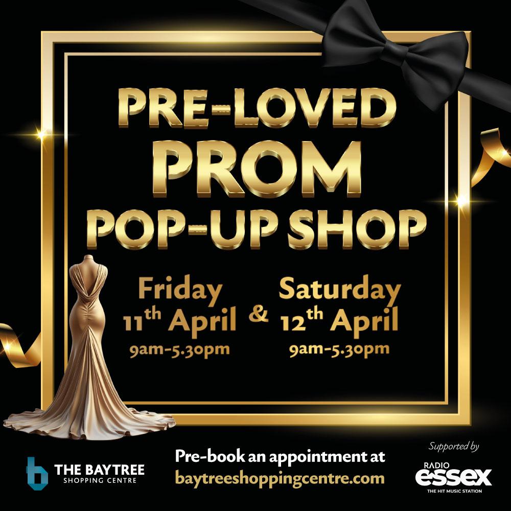 Image promoting the Pre-Loved Prom Pop-Up Shop at the Baytree Shopping Centre on Friday 11 April and Saturday 12 April. Image shows a gold dress.