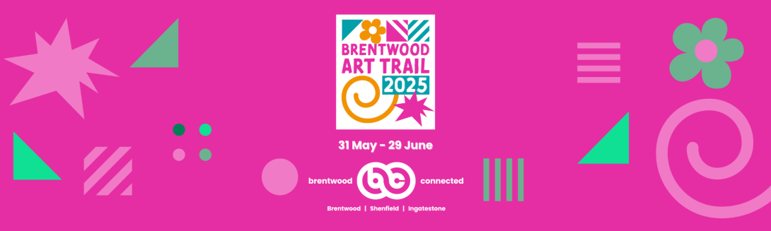Bright pink banner with abstract shapes and festival logo.
