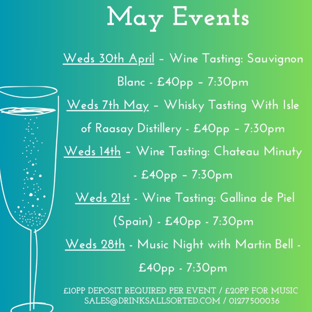Image promoting May events at Liquorice Wine & Deli in Shenfield