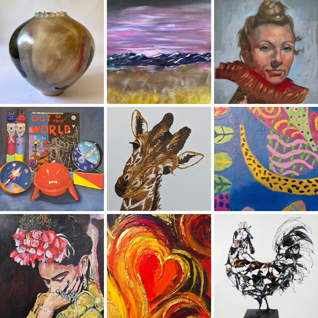 A collage of six images showing artwork from artists featured in the Brentwood Art Trail 2025