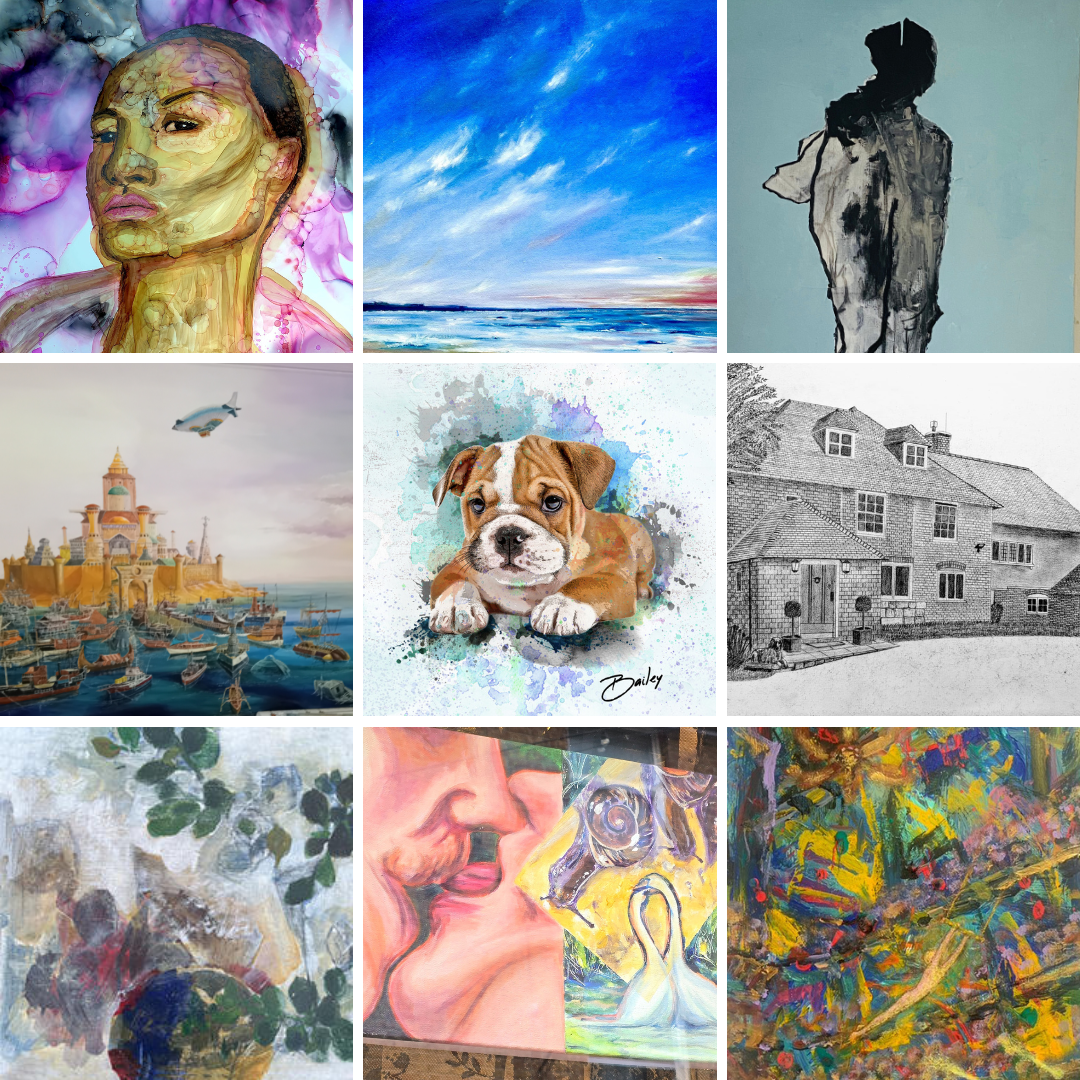A collage of six images showing artwork from artists featured in the Brentwood Art Trail 2025