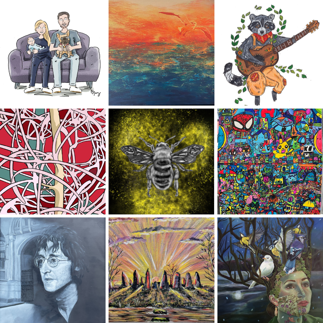 A collage of six images showing artwork from artists featured in the Brentwood Art Trail 2025
