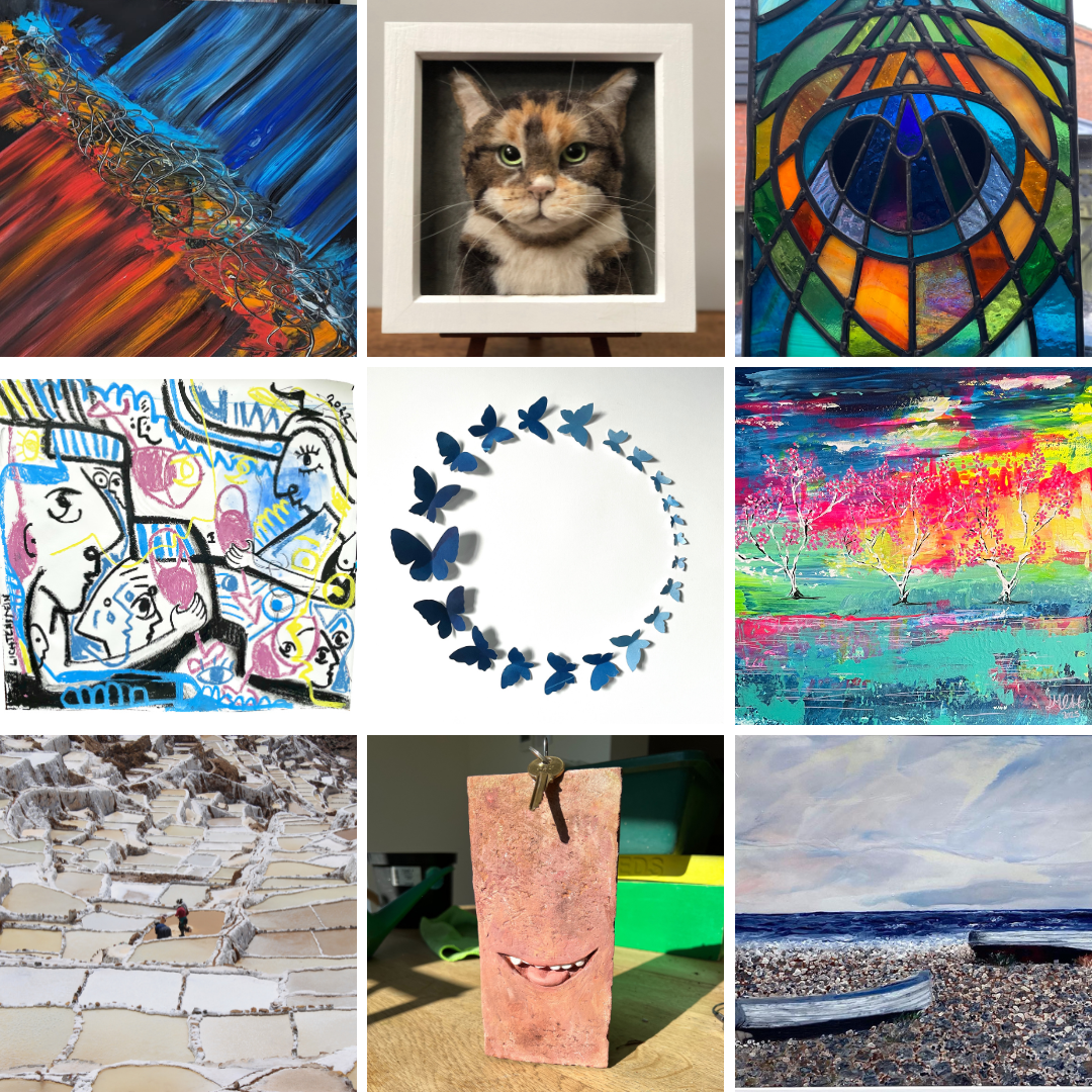 A collage of six images showing artwork from artists featured in the Brentwood Art Trail 2025