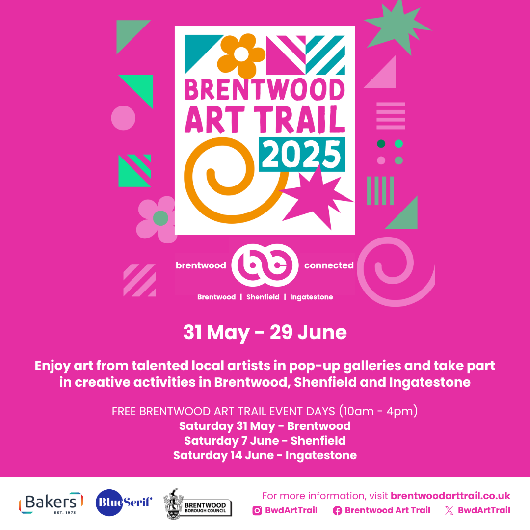 Bright pink poster for the Brentwood Art Trail 2025 from 31 May to 29 June.