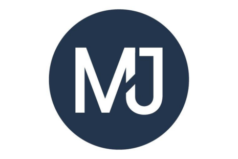 Logo for Moulton Johnson a white M and J on a dark blue circlular background.